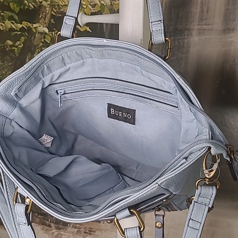 Bueno over the shoulder purse handbag light blue pebbled faux leather